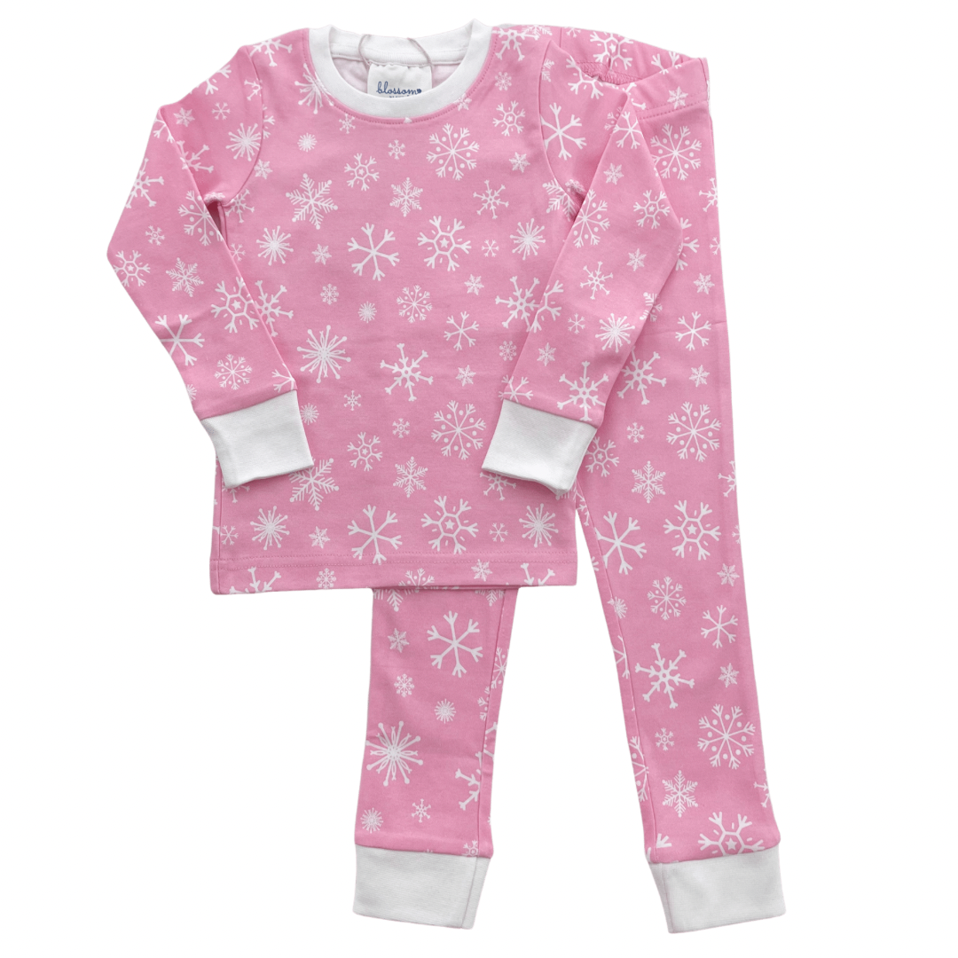 Pink Snowflake - Kids Long Sleeve Fitted Sleep Set