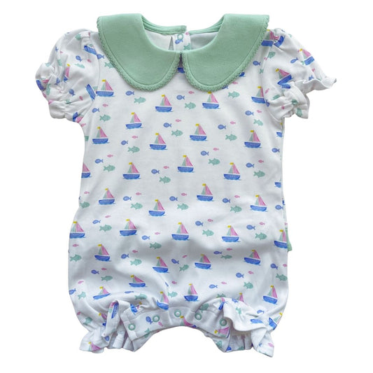 Girls SS Peter Pan Ruffle Romper - Sailing Fish Tails Pastel