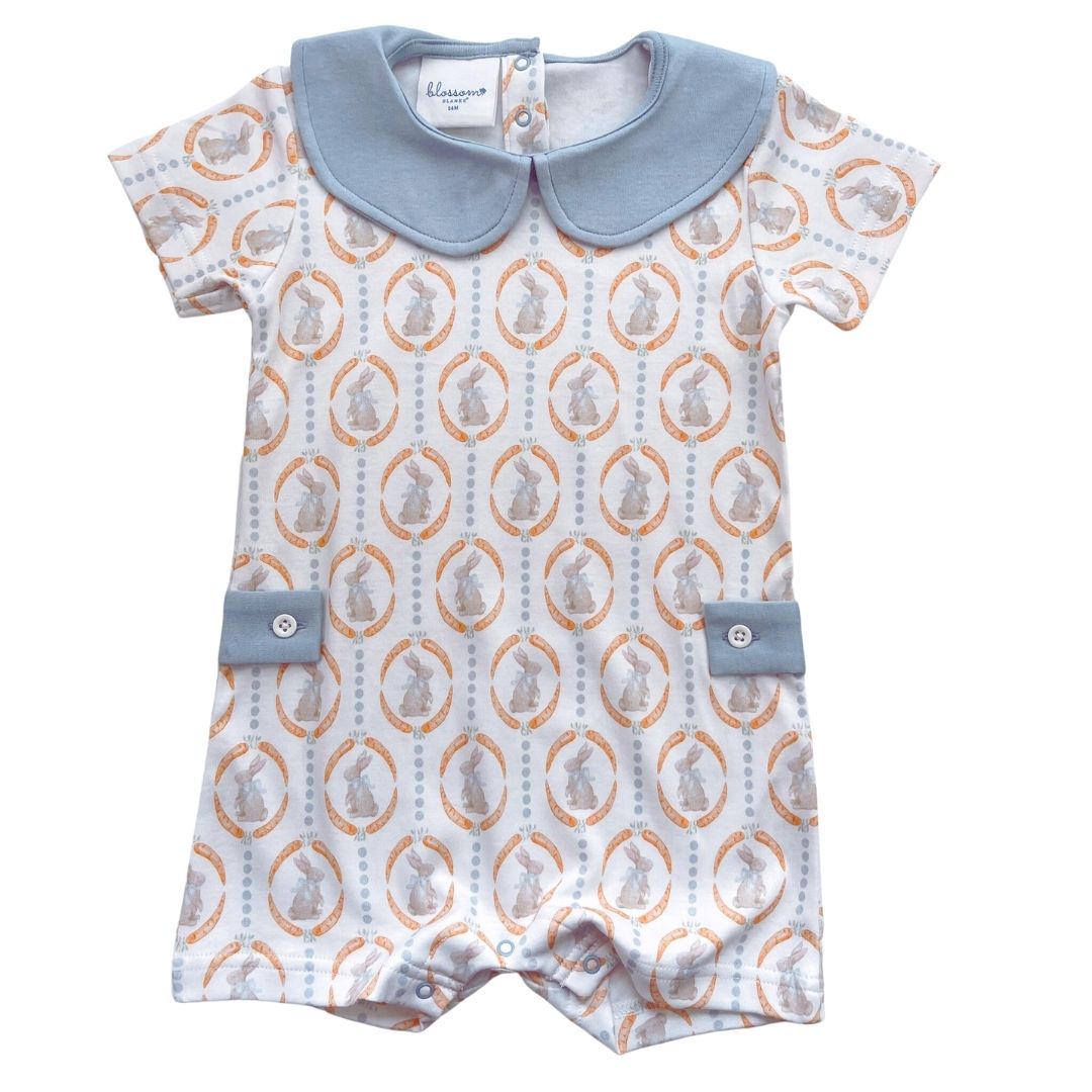 Boys SS Peter Pan Romper - Some Bunny Loves You Blue
