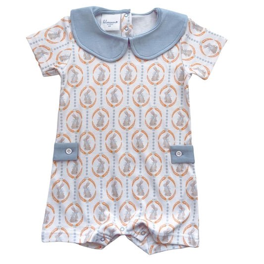 Boys SS Peter Pan Romper - Some Bunny Loves You Blue