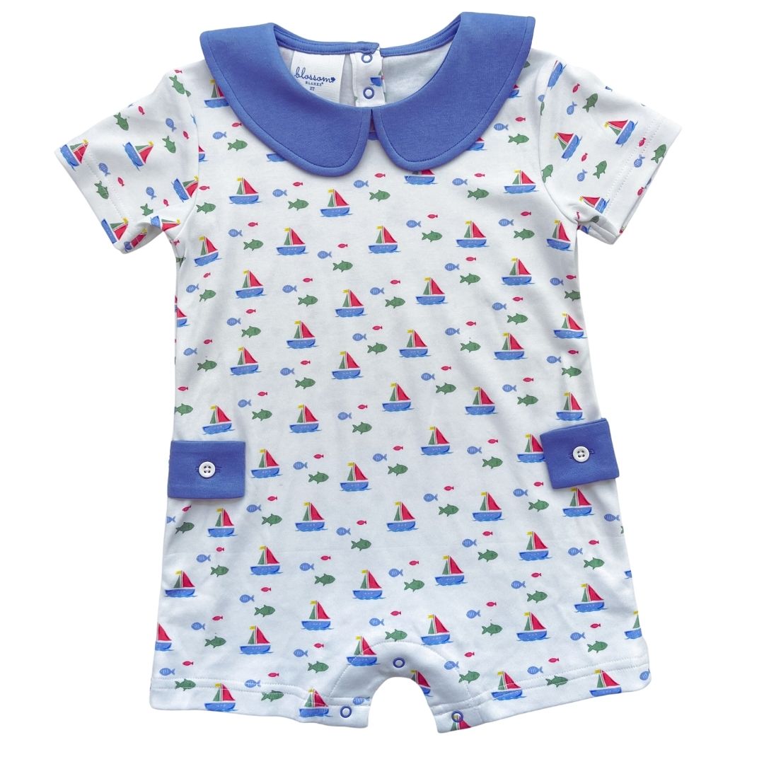 Boys SS Peter Pan Romper - Sailing Fish Tails Primary