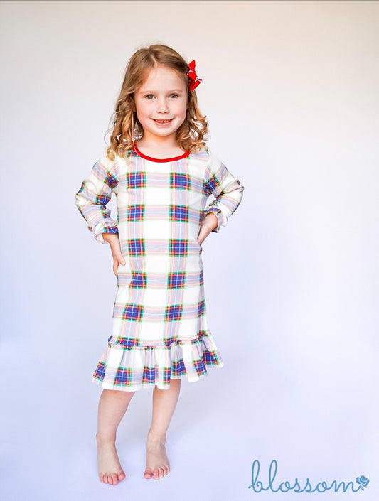 Blue Plaid - Long Sleeve A-Line Dress