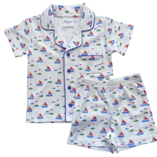 SS Button Short Set - Sailing Fish Tails - Primary