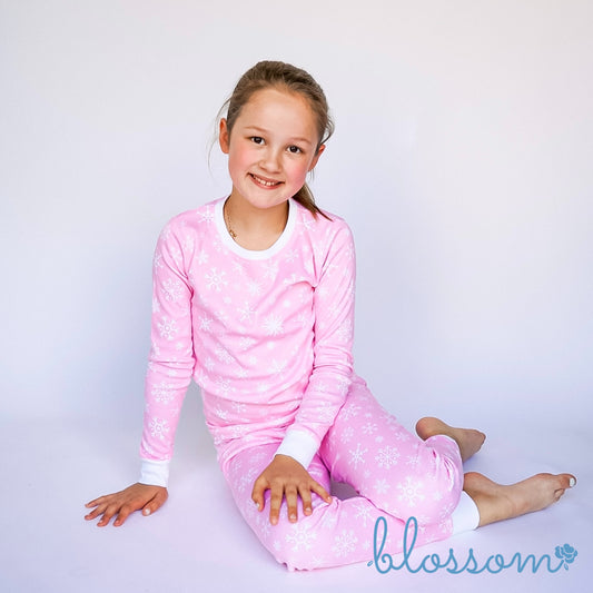 Pink Snowflake - Kids Long Sleeve Fitted Sleep Set