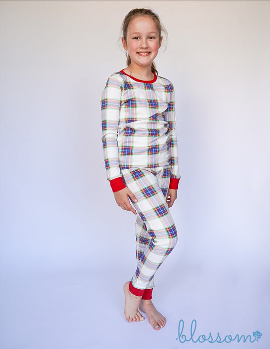 Blue Plaid - Kids Long Sleeve Fitted Sleep Set