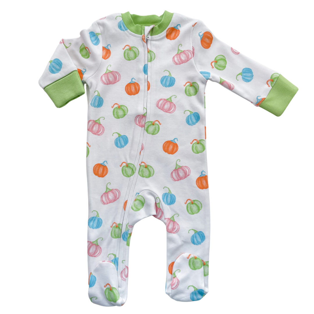 Pumpkin Patch - Footed Romper - Pink or Green Trim