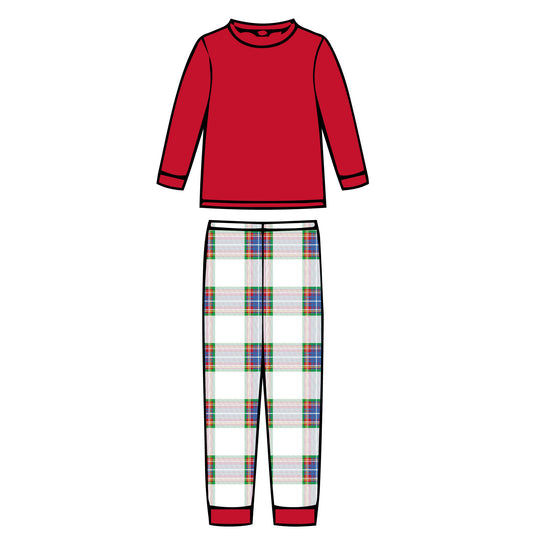 Blue Plaid with Red Top - Kids Long Sleeve Fitted Sleep Set