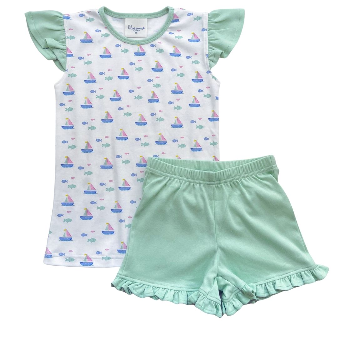 Girls Angel Sleeve/Ruffle Short Set - Sailing Fish Tails Pastel