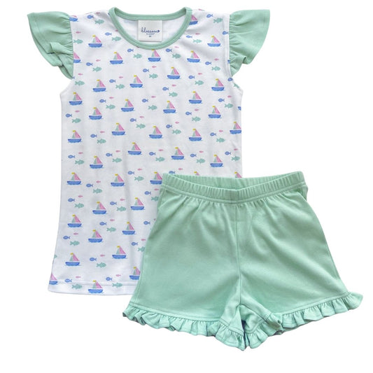 Girls Angel Sleeve/Ruffle Short Set - Sailing Fish Tails Pastel