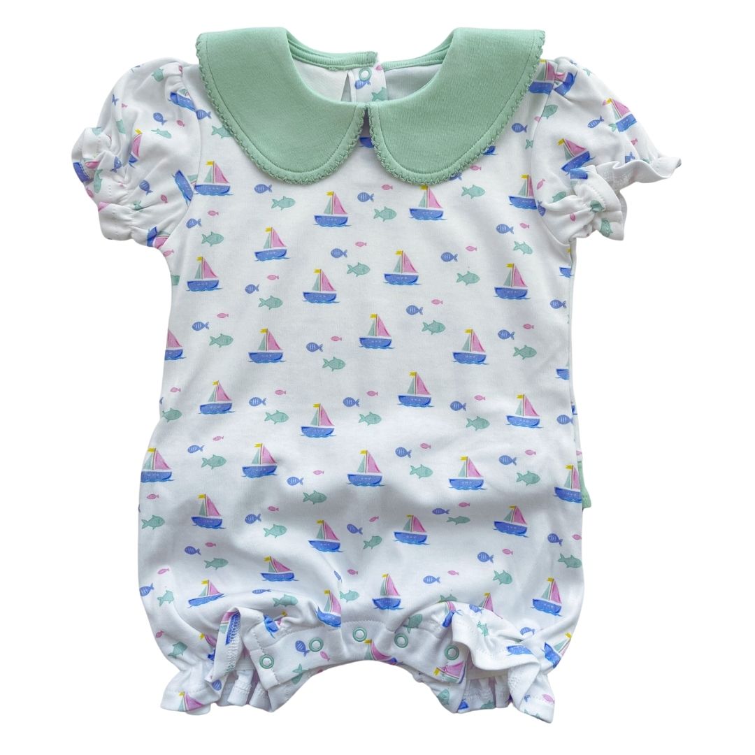 Girls SS Peter Pan Ruffle Romper - Sailing Fish Tails Pastel
