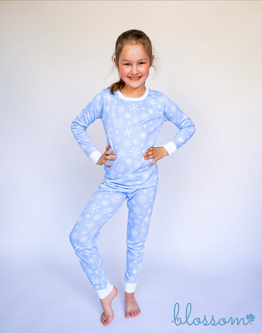 Blue Snowflake - Kids Long Sleeve Fitted Sleep Set - Wholesale