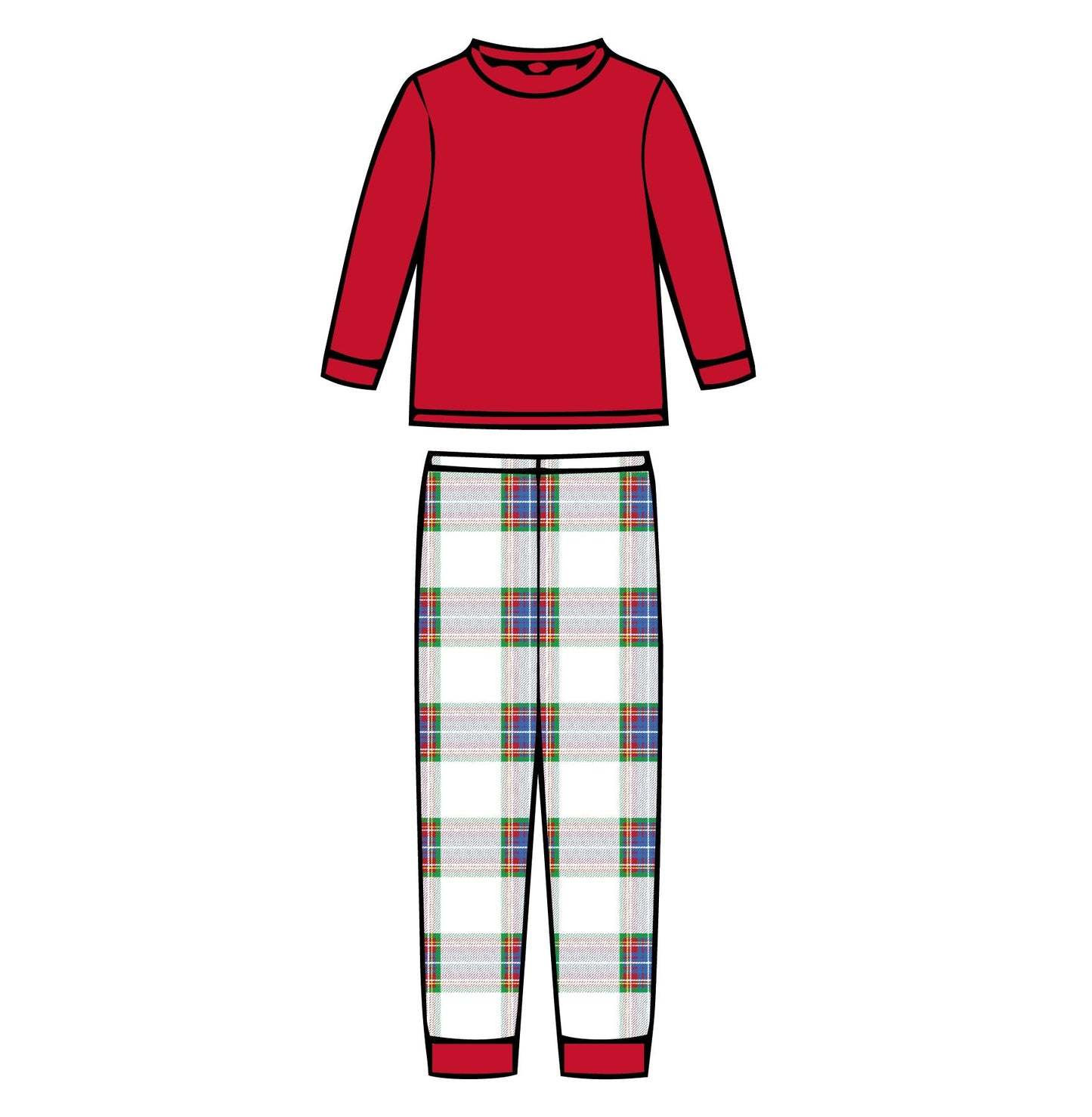 Plaid with Red Top - Kids Long Sleeve Fitted Sleep Set